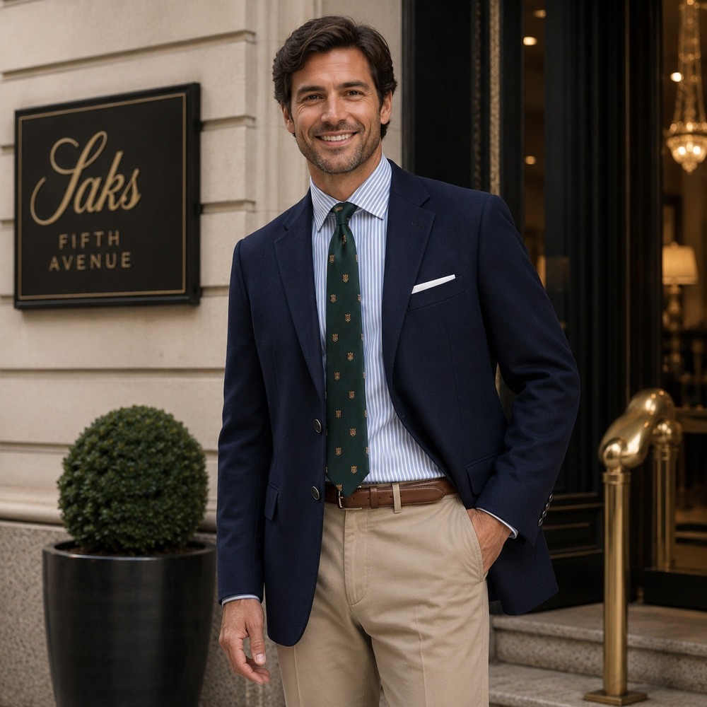 SAKS FIFTH AVENUE Mens Sport Coat 46R Super 120s Wool Navy UNITE USA MADE